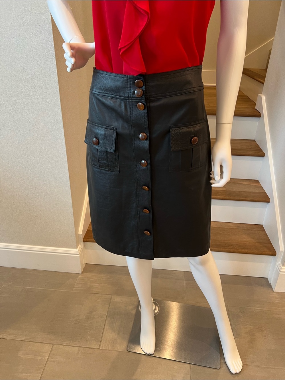 Black Button-Front 100% Genuine Leather Skirt